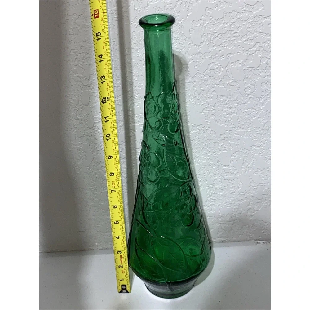 VTG Empoli Made In Italy Green Glass Genie Bottle Textured Decanter Floral Vase
